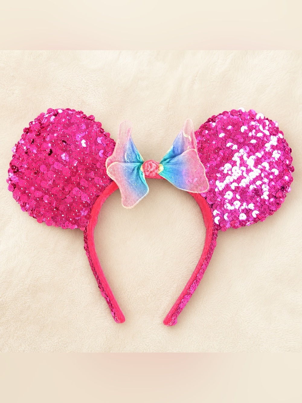 Disney Sequin Pink Minnie Ears Headband with Rainbow Bow